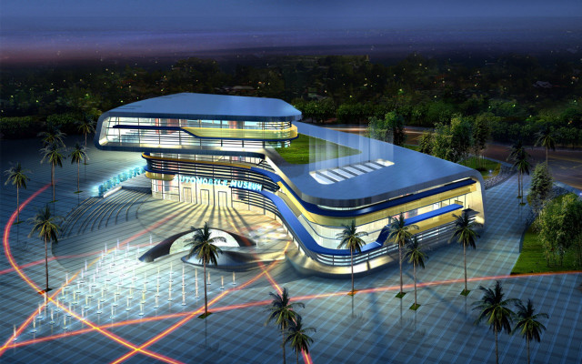 Futuristic building circular walkway fountain free wallpaper - medium preview image