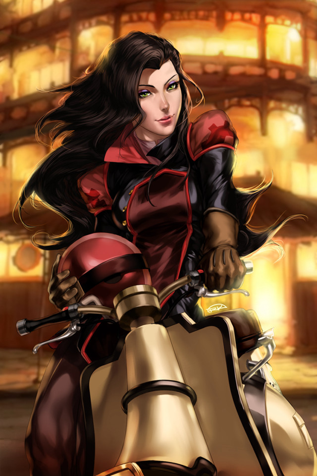 Woman red black motorcycle building free wallpaper - medium preview image