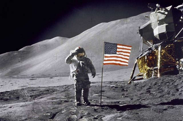 Man standing moon flag space free wallpaper - medium preview image