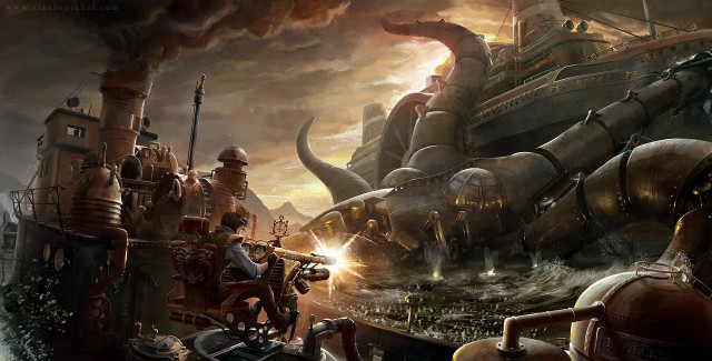 Giant octopus attack harbor steampunk free wallpaper - medium preview image