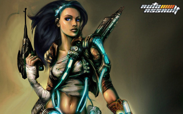 Woman gun futuristic outfit helmet free wallpaper - medium preview image
