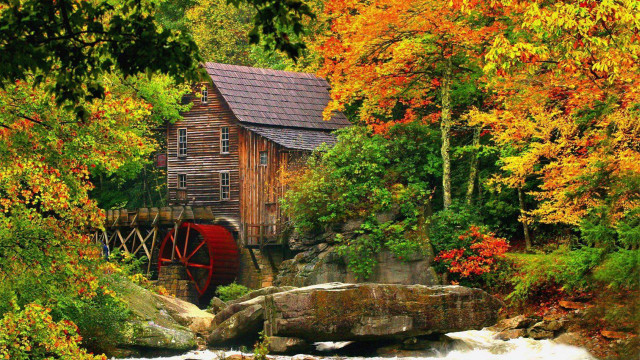 Water mill fall foliage scene free wallpaper - medium preview image
