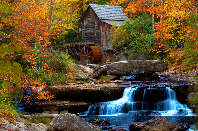 Waterfall forest wooden building stream free wallpaper - medium preview image