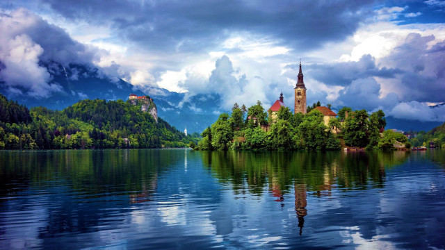 Lake church mountains trees cloudy free wallpaper - medium preview image