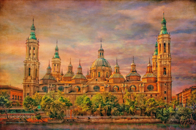 Cathedral river boat painting waterfront free wallpaper - medium preview image