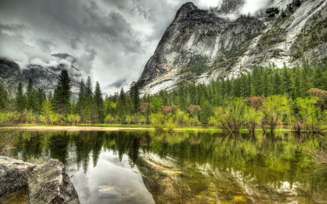 Mountain lake trees rocks cloudy free wallpaper - medium preview image
