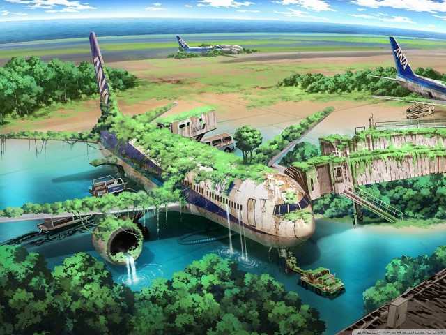 Futuristic city bridge river plane free wallpaper - medium preview image