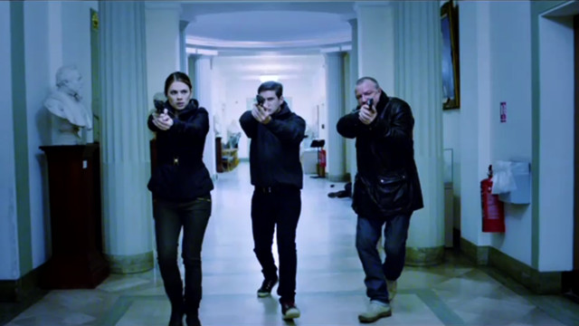 Three people hallway guns holding free wallpaper - medium preview image