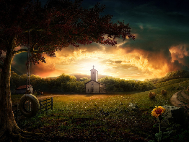 Church field tree sunset cloud free wallpaper - medium preview image