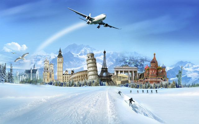 Plane snowy landscape city skiing free wallpaper - medium preview image