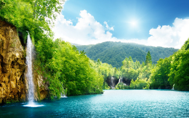 Waterfall lake trees mountains background #4 free wallpaper - medium preview image