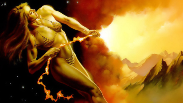 Woman sword mountain yellow sky free wallpaper - medium preview image
