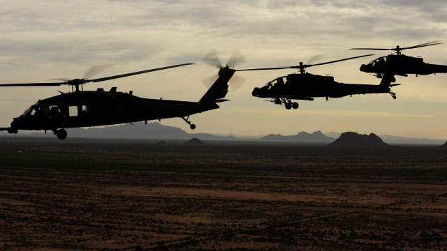 Military helicopters desert mountains cloudy free wallpaper - medium preview image