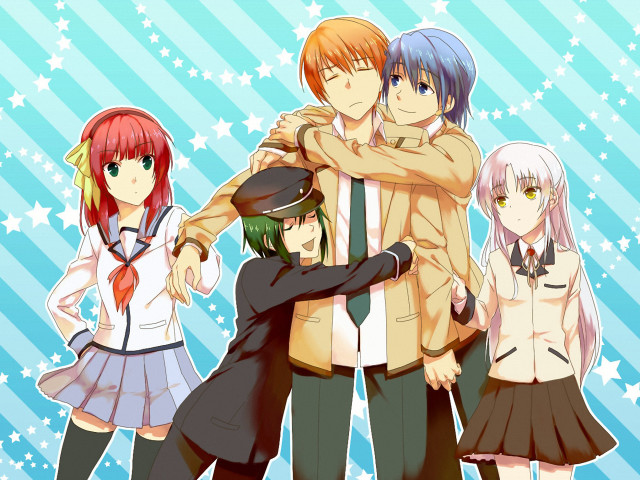 Anime characters hugging blue background free wallpaper - medium preview image