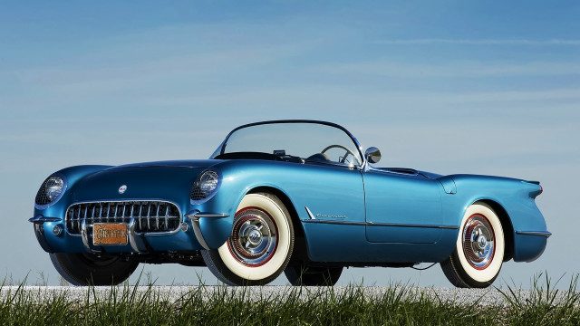 Blue car parked road grass free wallpaper - medium preview image