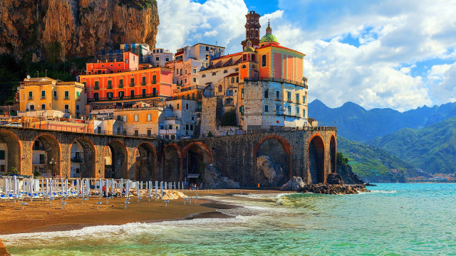 Beach buildings water mountains magic free wallpaper - medium preview image