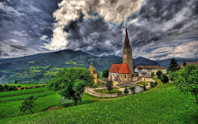 Church green field mountain background free wallpaper - medium preview image