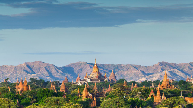 Buildings forest mountains blue sky free wallpaper for desktop - medium preview image