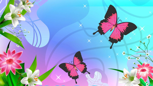 Butterfly flowers blue background glowing free wallpaper - medium preview image
