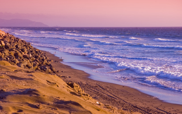 Beach waves pink sky rocky free wallpaper - medium preview image