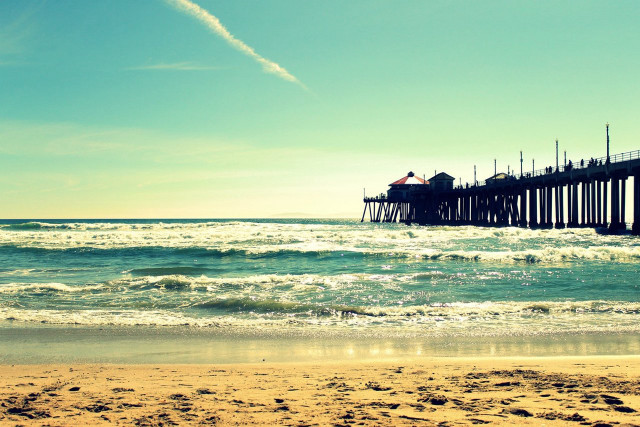 Pier person sand water beach free wallpaper - medium preview image