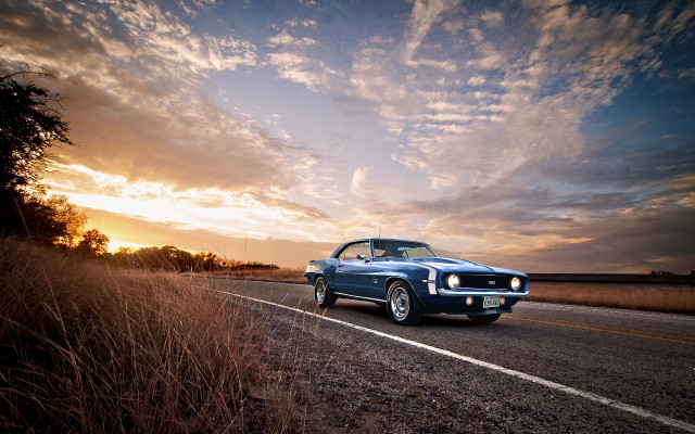 Blue mustang country road sunset free wallpaper - medium preview image