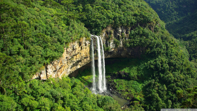 Waterfall forest river bridge cliff free wallpaper - medium preview image