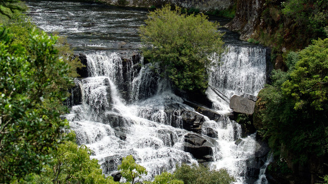 Waterfall bench trees nature serenity free wallpaper - medium preview image