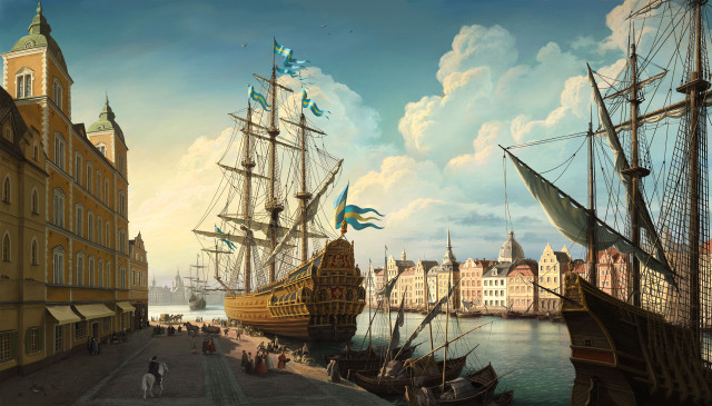 Harbor ships people building clock free wallpaper - medium preview image