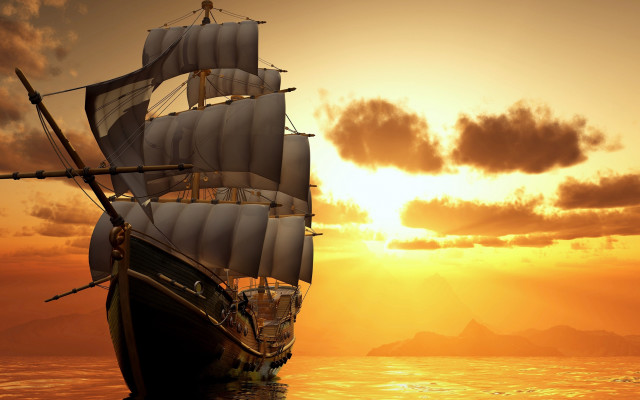 Sailboat ocean sunset mountain background free wallpaper - medium preview image