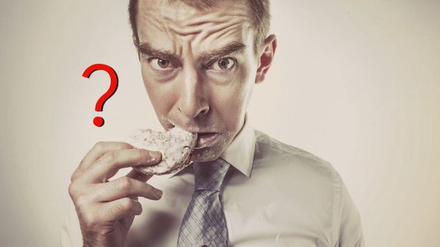 Man tie eating doughnut question free wallpaper - medium preview image