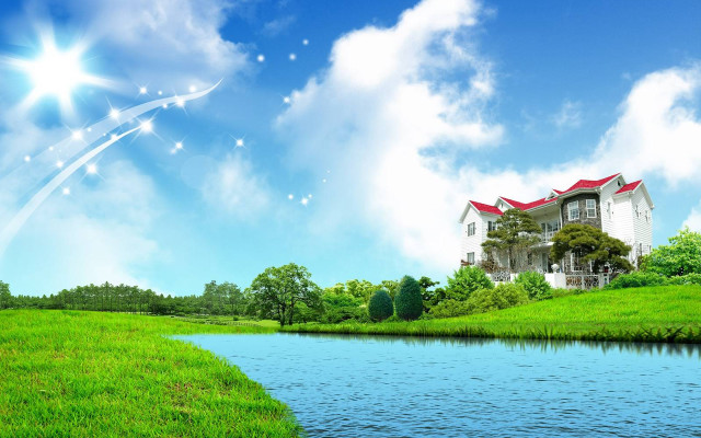 House hill river clouds landscape free wallpaper - medium preview image