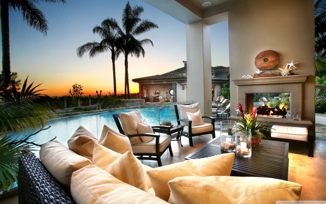 Living room fireplace pool sunset #2 free wallpaper - medium preview image