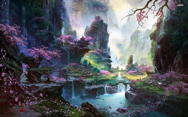 Waterfall forest trees flowers painting free wallpaper - medium preview image