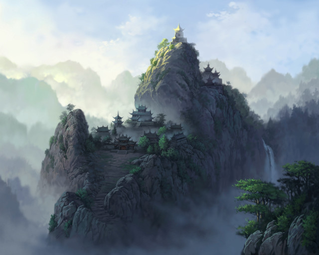 Mountain castle clouds fog painting free wallpaper - medium preview image