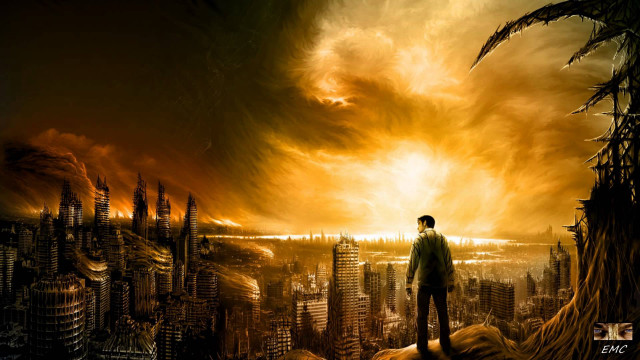 Man cliff city fireball sky free wallpaper - medium preview image