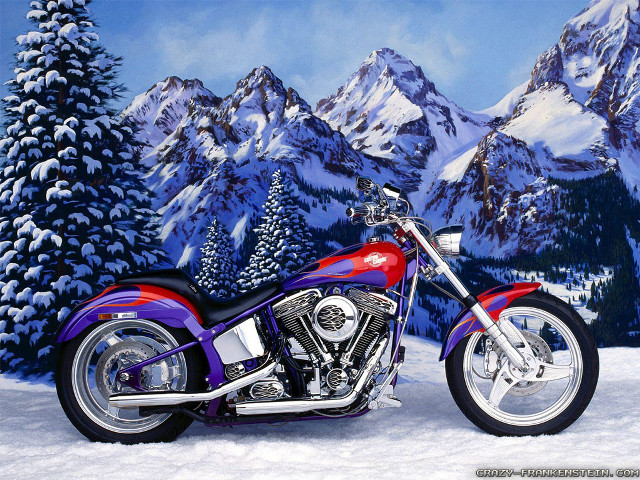 Motorcycle parked snow mountain scene free wallpaper - medium preview image