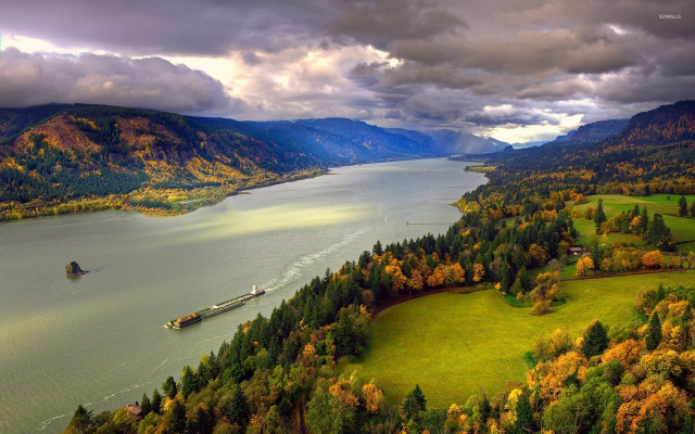 Large boat lake mountains trees #2 free wallpaper - medium preview image