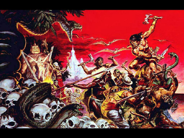 Men fighting over skulls red free wallpaper for desktop - medium preview image