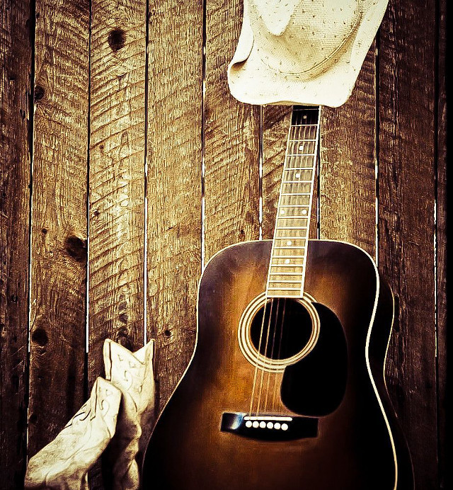 Cowboy hat guitar wooden wall free wallpaper - medium preview image