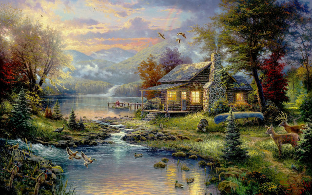 Cabin river animals birds dock free wallpaper - medium preview image