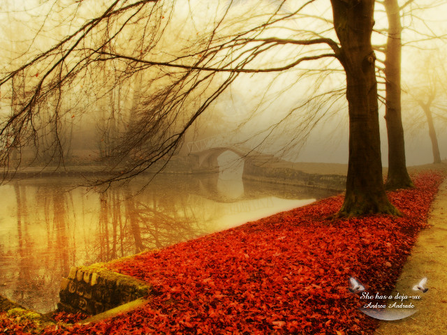 Foggy bridge river red leaves free wallpaper - medium preview image