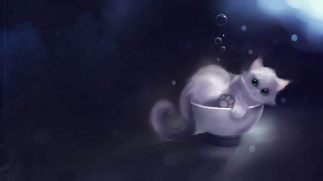 White cat bowl bubbles black free wallpaper - medium preview image