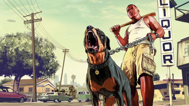 Man dog city street liquor free wallpaper - medium preview image