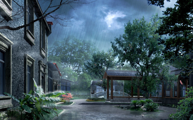 Rainy day neighborhood gazebo trees free wallpaper - medium preview image
