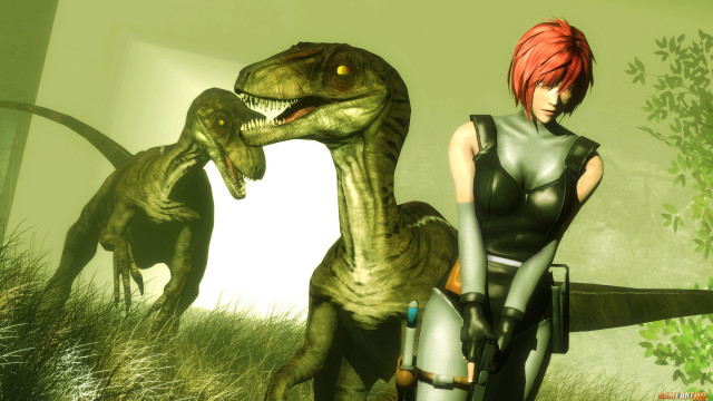 Woman dinosaur green field red free wallpaper - medium preview image
