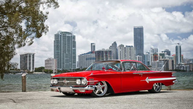 Red classic car city skyline free wallpaper - medium preview image