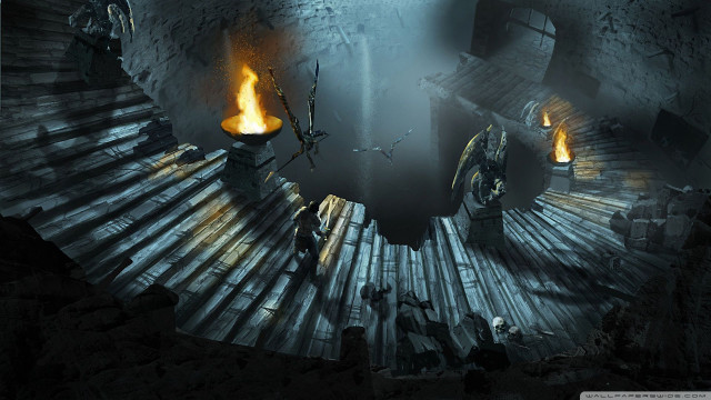 Cave firepit man staircase scene free wallpaper - medium preview image