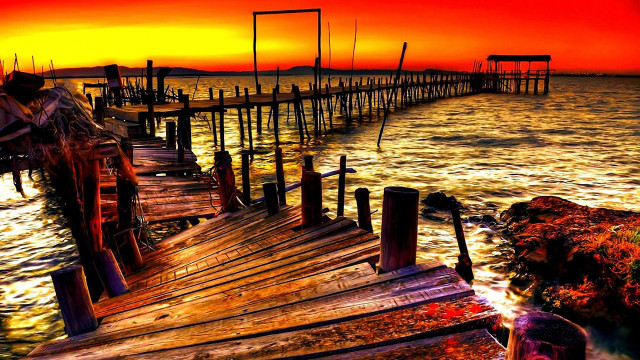 Wooden dock water sunset red free wallpaper - medium preview image