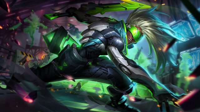 Futuristic woman suit sword green free wallpaper - medium preview image